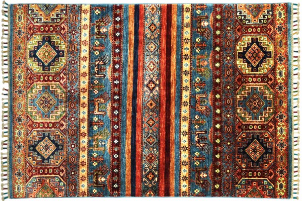 Afghan Ziegler Khorjin 152x102 Handgeknüpft Orientteppich 100x150 Blau Streifen Wolle