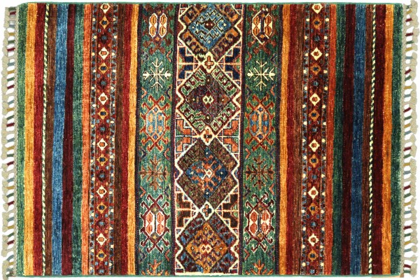 Afghan Ziegler Khorjin 118x81 Handgeknüpft Orientteppich 80x120 Grün Linien Wolle
