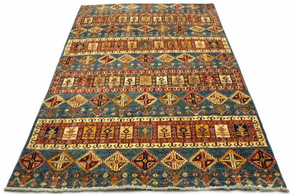 Afghan Ziegler Khorjin 246x174 Handgeknüpft Orientteppich 170x250 Blau Streifen Wolle