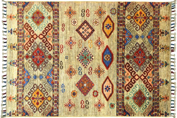 Afghan Ziegler Khorjin 124x81 Handgeknüpft Orientteppich 80x120 Beige Streifen Wolle