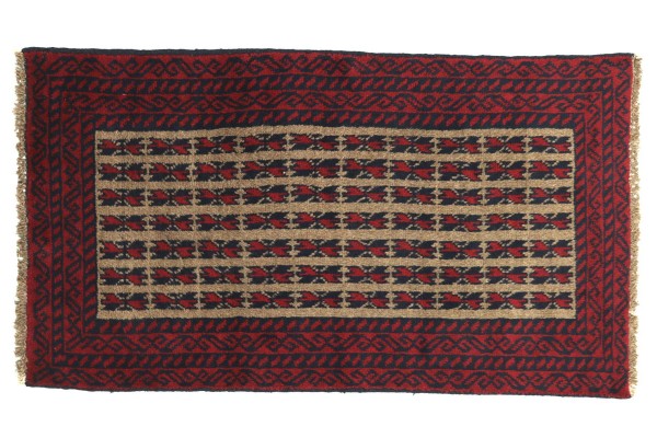 Afghan Belutsch 130x80 Handgeknüpft Teppich 80x130 Rot Geometrisch Muster Kurzflor
