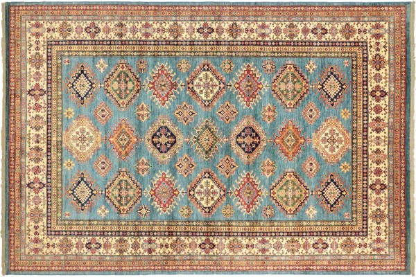 Afghan Kazak Fein 364x272 Handgeknüpft Orientteppich 270x360 Blau Geometrisch Wolle