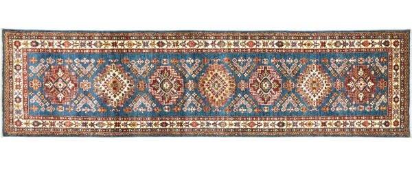 Afghan Kazak Fein 311x83 Handgeknüpft Orientteppich 80x310 Läufer Blau Geometrisch