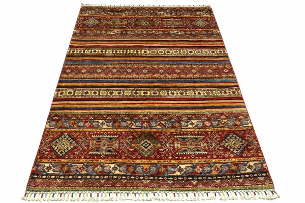 Afghan Ziegler Khorjin 197x153 Handgeknüpft Orientteppich 150x200 Rot Streifen Wolle