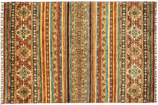 Afghan Ziegler Khorjin 202x153 Handgeknüpft Orientteppich 150x200 Rot Streifen Wolle