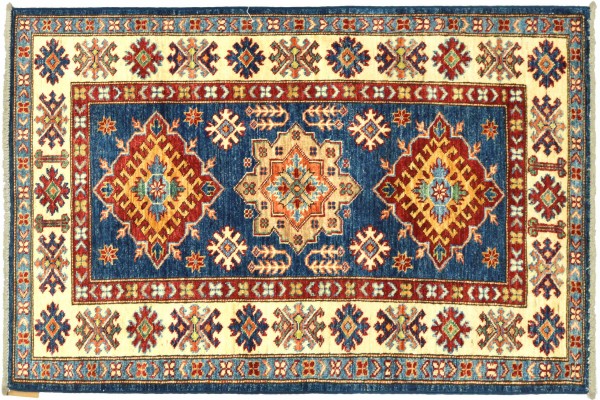 Afghan Kazak Fein 123x84 Handgeknüpft Orientteppich 80x120 Blau Umrandung Wolle