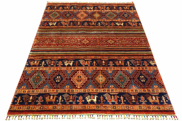 Afghan Ziegler Khorjin Tiere 195x154 Handgeknüpft Orientteppich 150x200 Rot Streifen