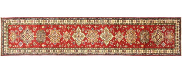 Afghan Kazak Fein 378x83 Handgeknüpft Orientteppich 80x380 Läufer Rot Geometrisch Wolle