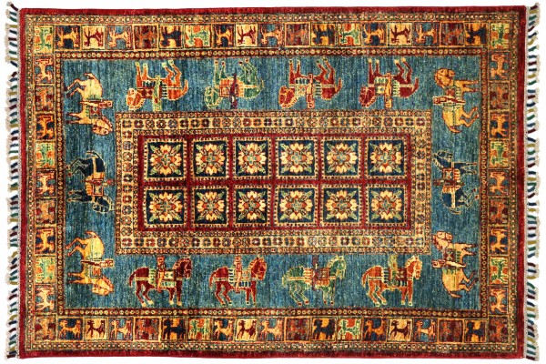 Afghan Ziegler Khorjin Tiere 144x102 Handgeknüpft Orientteppich 100x140 Blau Umrandung