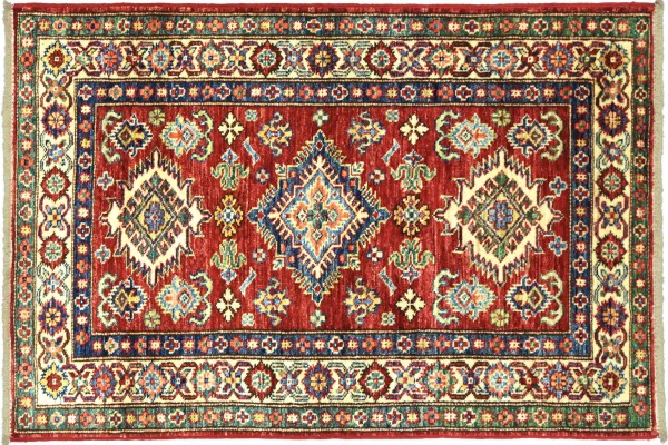 Afghan Kazak Fein 114x76 Handgeknüpft Orientteppich 80x110 Rot Umrandung Wolle Kurzflor