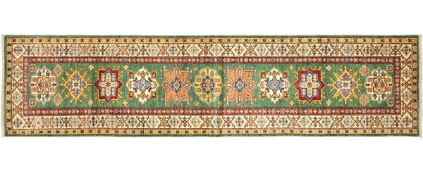 Afghan Kazak Fein 313x82 Handgeknüpft Orientteppich 80x310 Läufer Grün Geometrisch