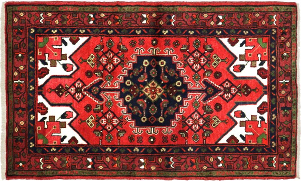 Perser Hamadan 145x100 Handgeknüpft Orientteppich 100x150 Rot Medaillon Wolle Kurzflor