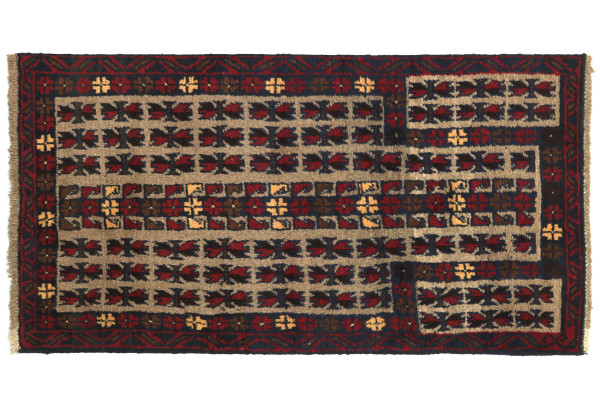 Afghan Belutsch 130x80 Handgeknüpft Teppich 80x130 Rot Geometrisch Muster Kurzflor