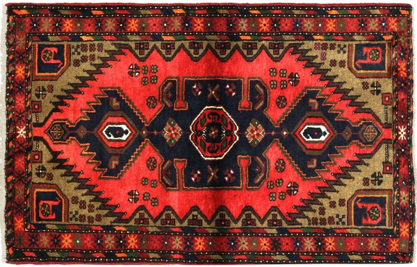 Perser Hamadan 136x97 Handgeknüpft Orientteppich 100x140 Rot Medaillon Wolle Kurzflor