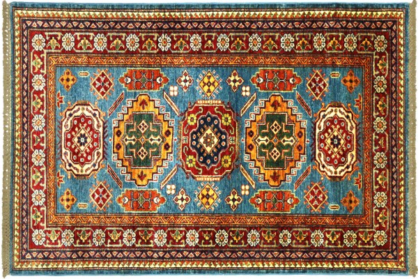 Afghan Kazak Fein 150x101 Handgeknüpft Orientteppich 100x150 Blau Umrandung Wolle