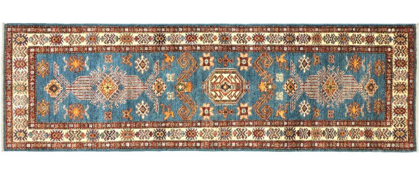 Afghan Kazak Fein 251x83 Handgeknüpft Orientteppich 80x250 Läufer Blau Blumenmuster