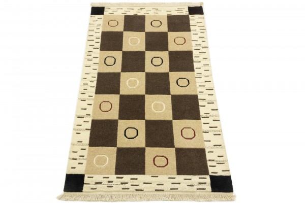 Nepal 149x90 Handgeknüpft Teppich 90x150 Beige Kariert Kurzflor Orient Rug