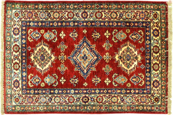 Afghan Kazak Fein 114x81 Handgeknüpft Orientteppich 80x110 Rot Umrandung Wolle Kurzflor
