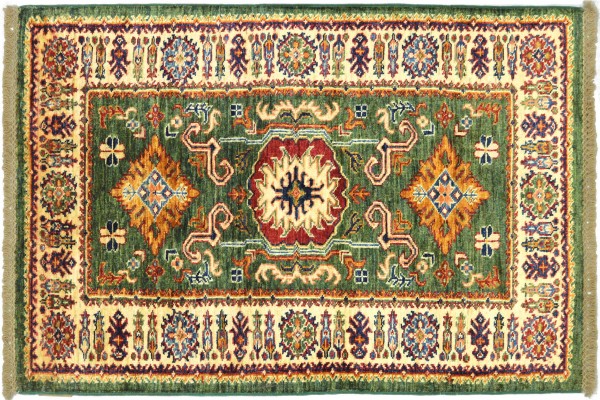 Afghan Super Kazak 130x80 Handgeknüpft Orientteppich 80x130 Grün Umrandung Wolle