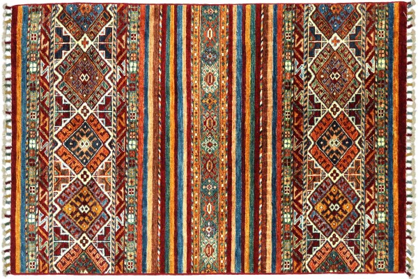 Afghan Ziegler Khorjin 151x94 Handgeknüpft Orientteppich 90x150 Rot Streifen Wolle