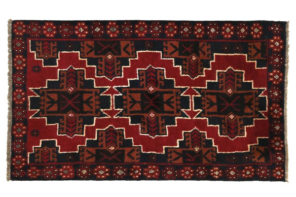 Afghan Belutsch 130x80 Handgeknüpft Teppich 80x130 Rot Geometrisch Muster Kurzflor
