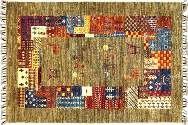 Afghan Ziegler Khorjin Tiere 136x98 Handgeknüpft Orientteppich 100x140 Braun Umrandung