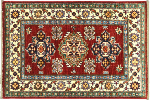Afghan Kazak Fein 124x87 Handgeknüpft Orientteppich 90x120 Rot Umrandung Wolle Kurzflor