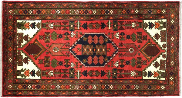 Perser Hamadan 158x96 Handgeknüpft Orientteppich 100x160 Rot Medaillon Wolle Kurzflor