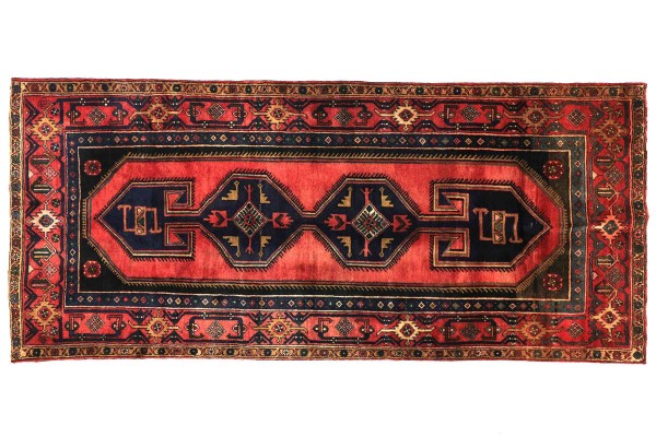 Perser Hamadan 298x140 Handgeknüpft Teppich 140x300 Orange Geometrisch Muster Kurzflor