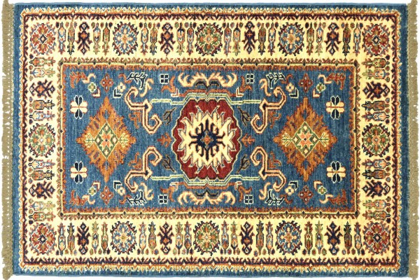 Afghan Superkazak 119x78 Handgeknüpft Orientteppich 80x120 Blau Umrandung Wolle