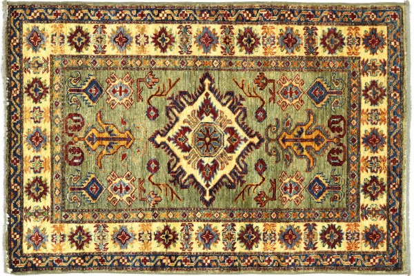 Afghan Kazak Fein 123x87 Handgeknüpft Orientteppich 90x120 Grau Umrandung Wolle