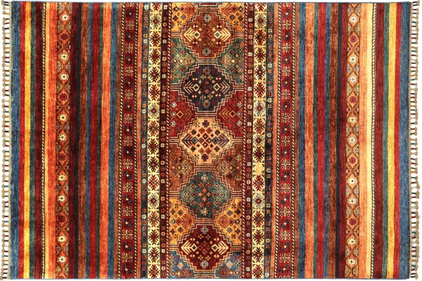 Afghan Ziegler Khorjin 197x155 Handgeknüpft Orientteppich 160x200 Rot Streifen Wolle