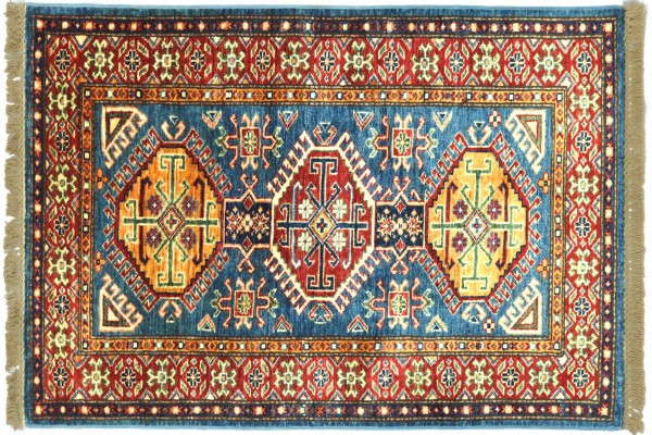 Afghan Super Kazak 131x76 Handgeknüpft Orientteppich 80x130 Blau Umrandung Wolle