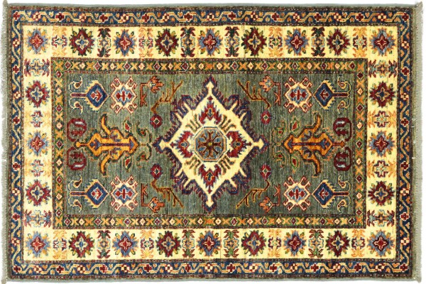Afghan Kazak Fein 120x87 Handgeknüpft Orientteppich 90x120 Grau Umrandung Wolle