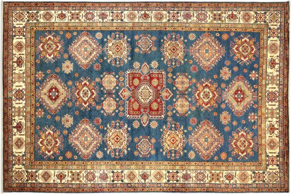 Afghan Kazak Fein 370x268 Handgeknüpft Orientteppich 270x370 Blau Geometrisch Wolle