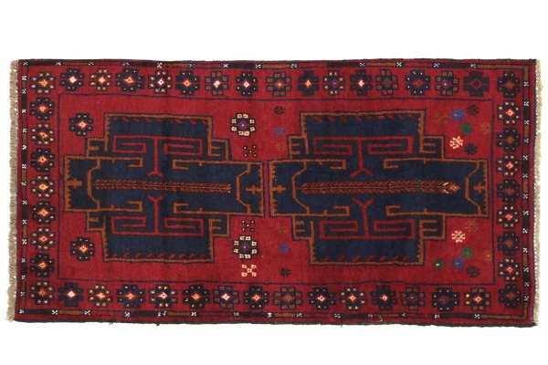 Afghan Belutsch 130x80 Handgeknüpft Teppich 80x130 Rot Geometrisch Muster Kurzflor