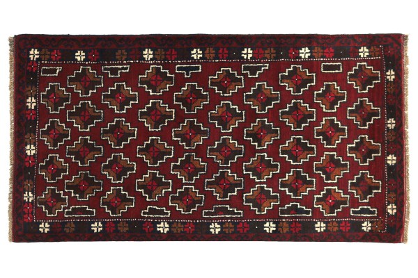 Afghan Belutsch 130x80 Handgeknüpft Teppich 80x130 Rot Geometrisch Muster Kurzflor