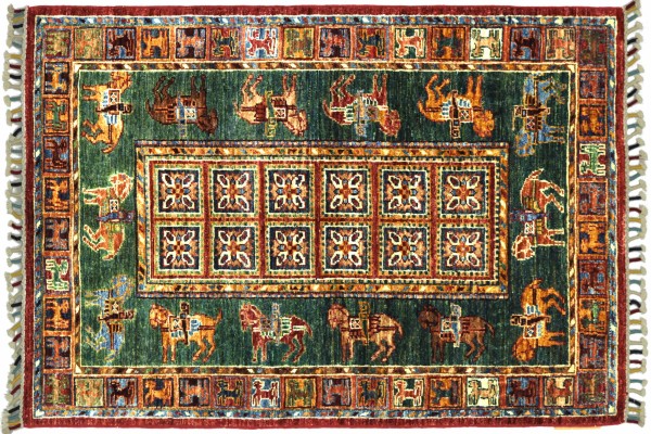 Afghan Ziegler Khorjin Pferde 126x86 Handgeknüpft Orientteppich 90x130 Grün Wolle
