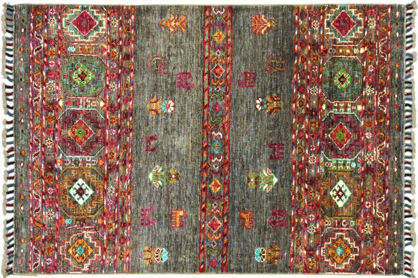 Afghan Ziegler Khorjin Pink 122x82 Handgeknüpft Orientteppich 80x120 Rosa Linien Wolle