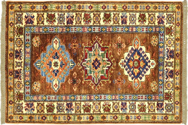 Afghan Super Kazak 122x77 Handgeknüpft Orientteppich 80x120 Braun Umrandung Wolle